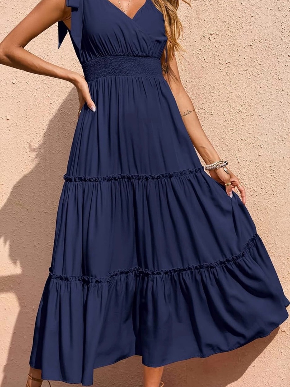 PrettyGarden Slate Blue Tie-Strap Tiered Maxi Sundress